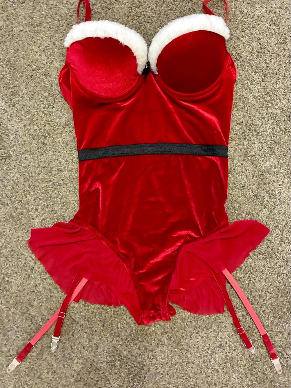 Women’s Large Santa Lingerie Teddy Red Velvet Faux Fur Garter Christmas Bodysuit